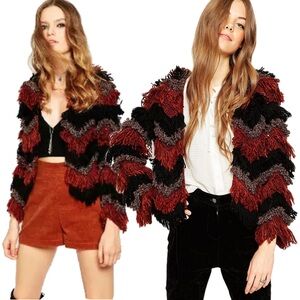 ASOS Black Metallic Gold Burgundy Shaggy Fringe Knit Woven Cardigan Jacket